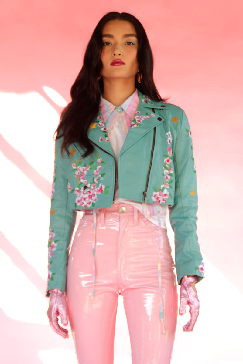 Mint Blossom Moto Leather Jacket by Zoraide Polidori