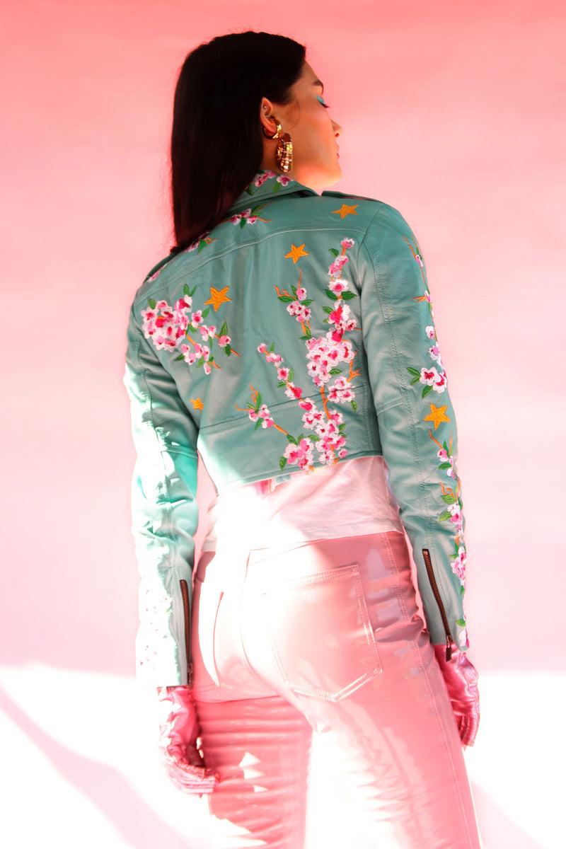 Mint Blossom Moto Leather Jacket by Zoraide Polidori