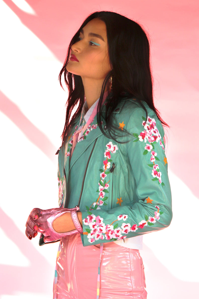 Mint Blossom Moto Leather Jacket by Zoraide Polidori