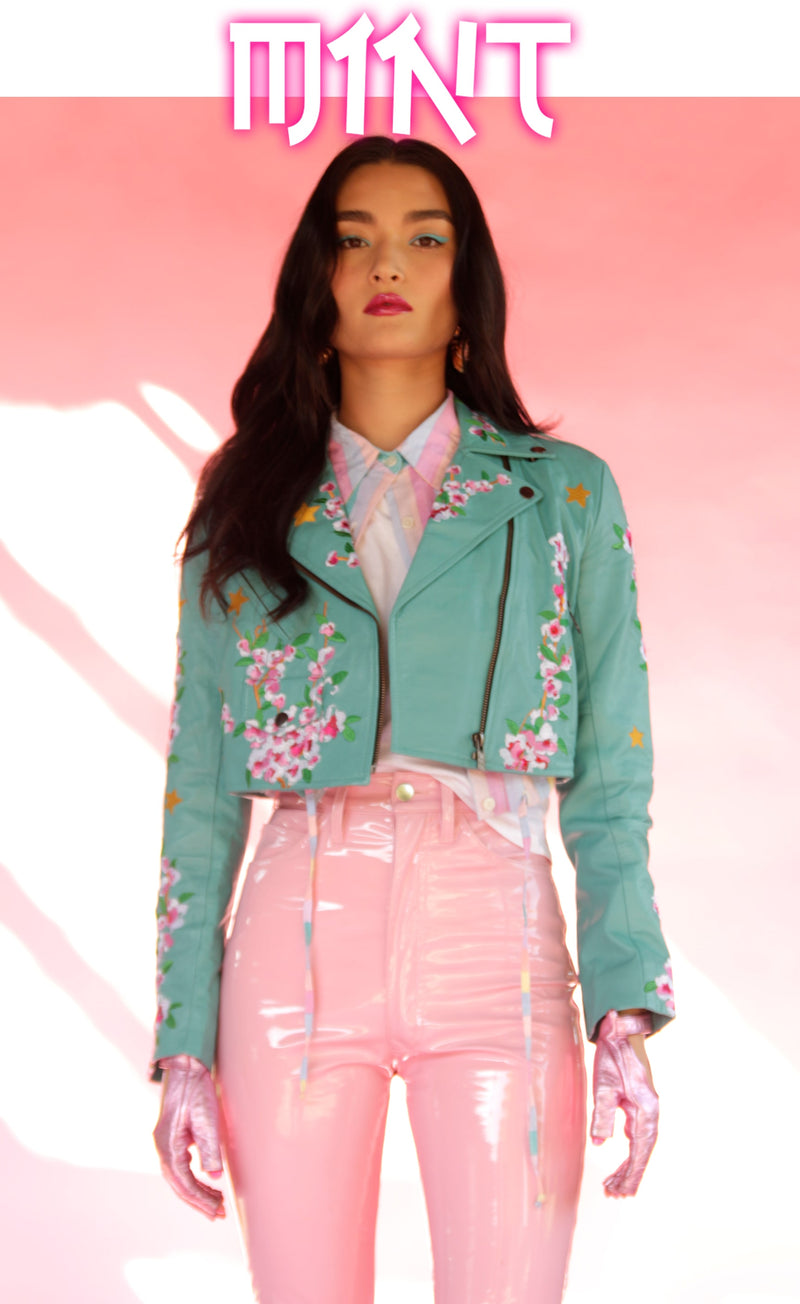 Mint Blossom Moto Leather Jacket by Zoraide Polidori