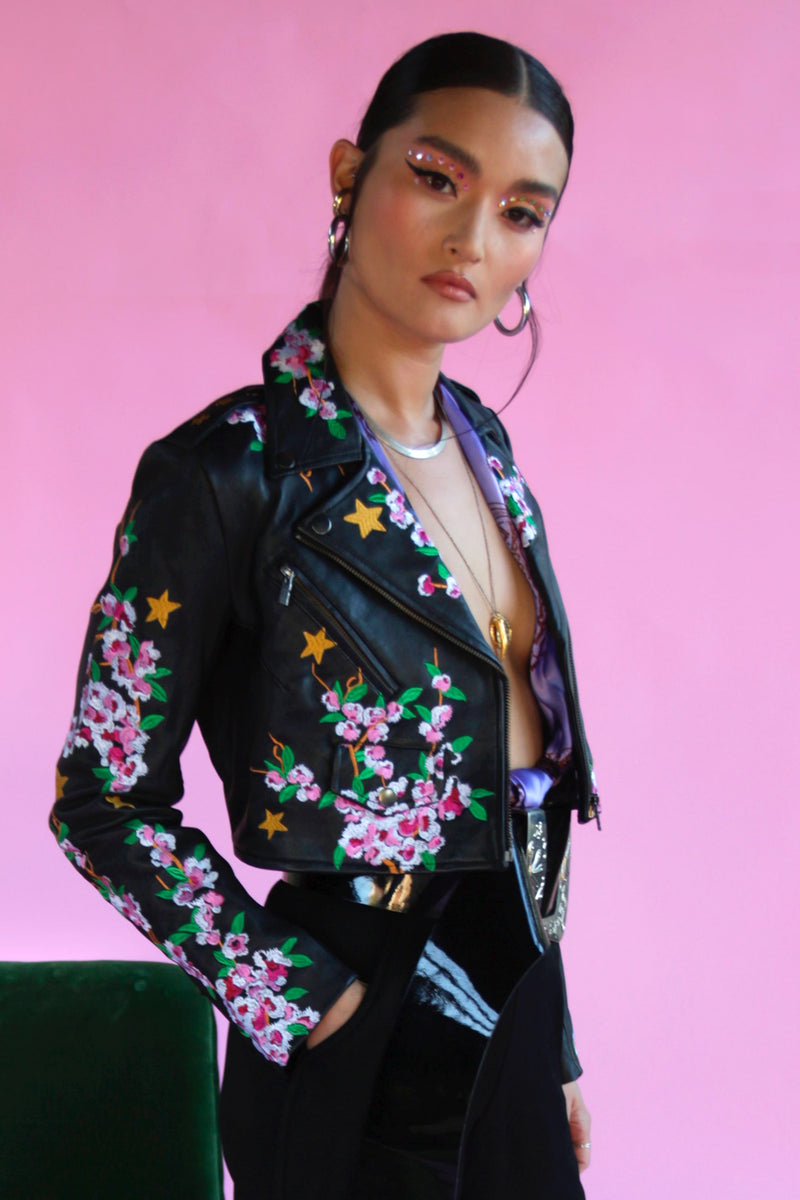 Noir Blossom Moto Leather Jacket by Zoraide Polidori